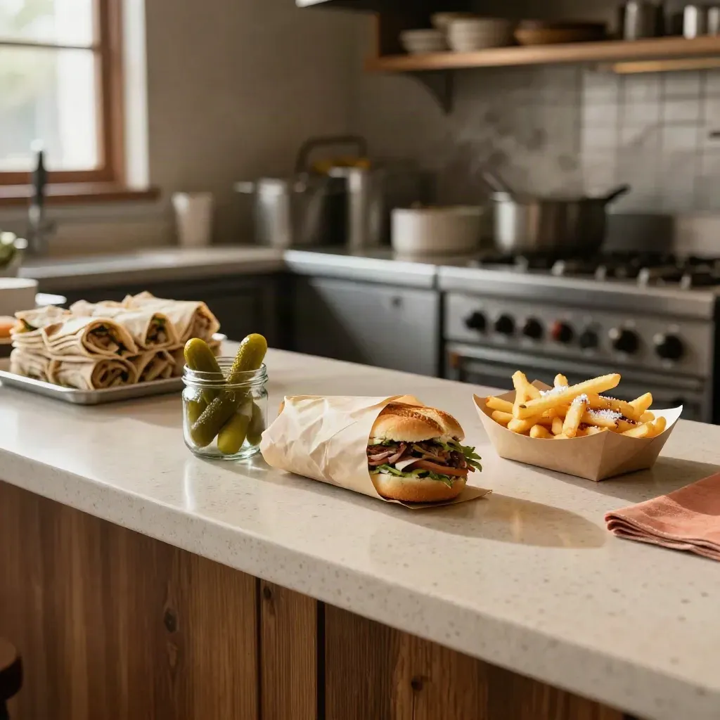 Wrap shop counter with a pressed sandwich, pickles, and fries in warm steam and light.