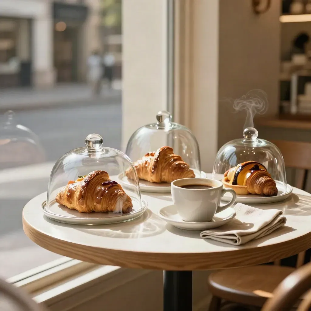Bakery table with pastry domes, coffee cup, and sunlight reflections by a window
