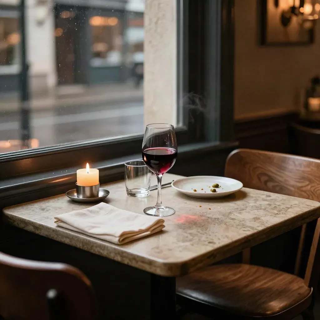 Bistro table for two with candle, half-finished wine, and street glow at dusk.