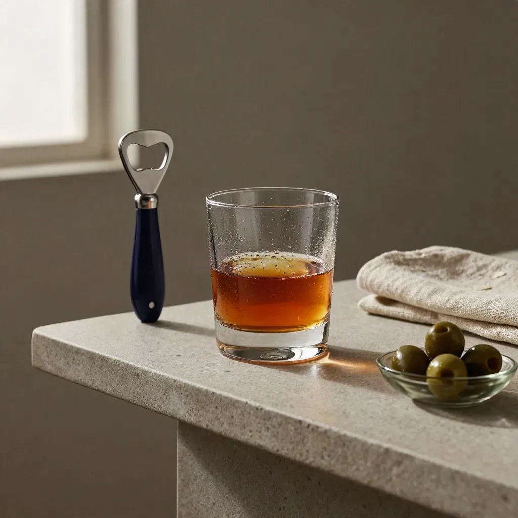 Chilled rocks glass, bottle opener, olive dish, and folded linen on a stone shelf.