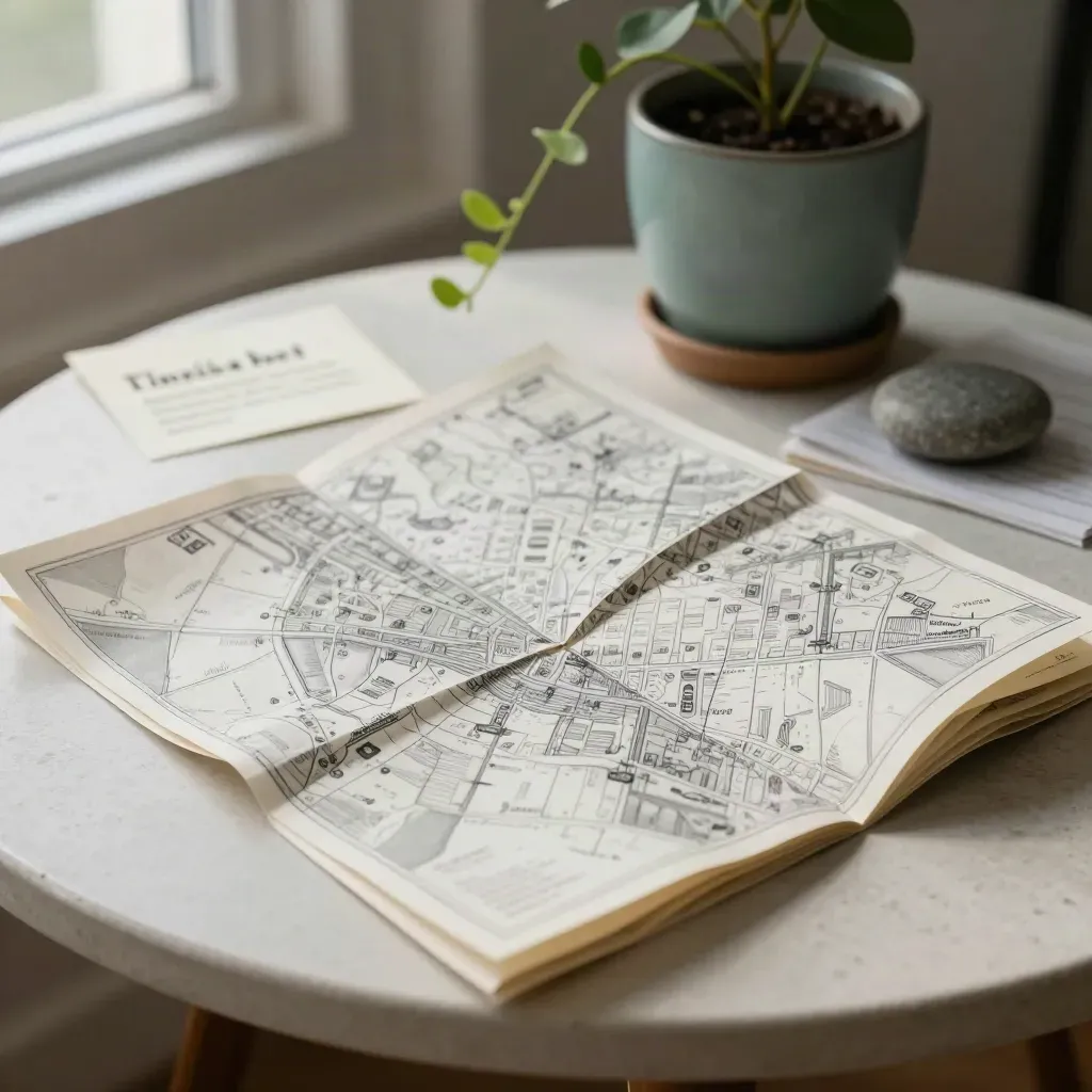 Folded street map, teal plant, and stone paperweight on a pale plaster side table in soft window light.